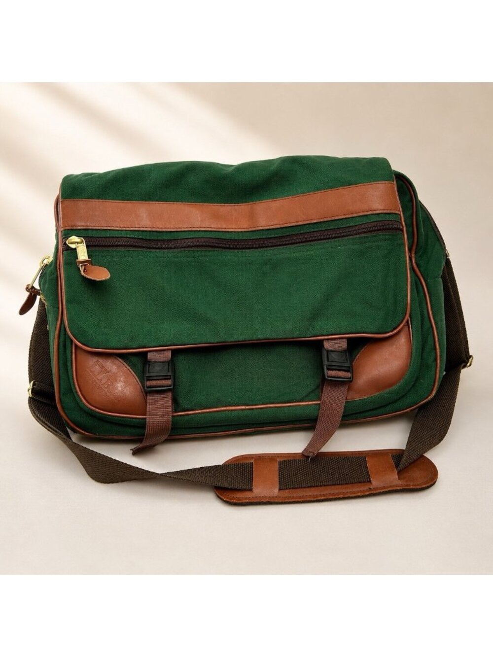 Vintage L.L.Bean Messenger Bag Canvas Green Brown Leather Crossbody Laptop Bag